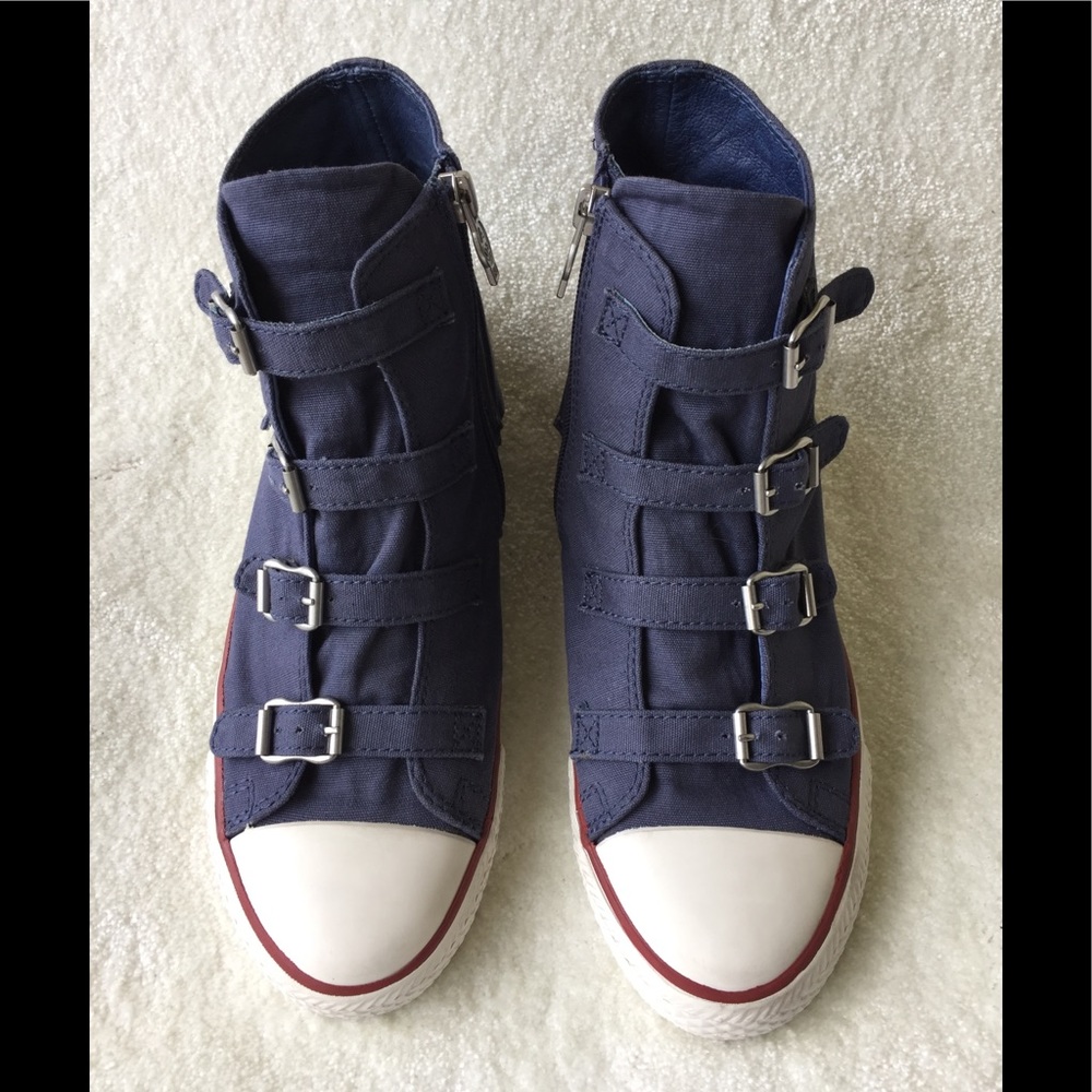 Ash Navy and White Buckle-Front High-Top Sneakers